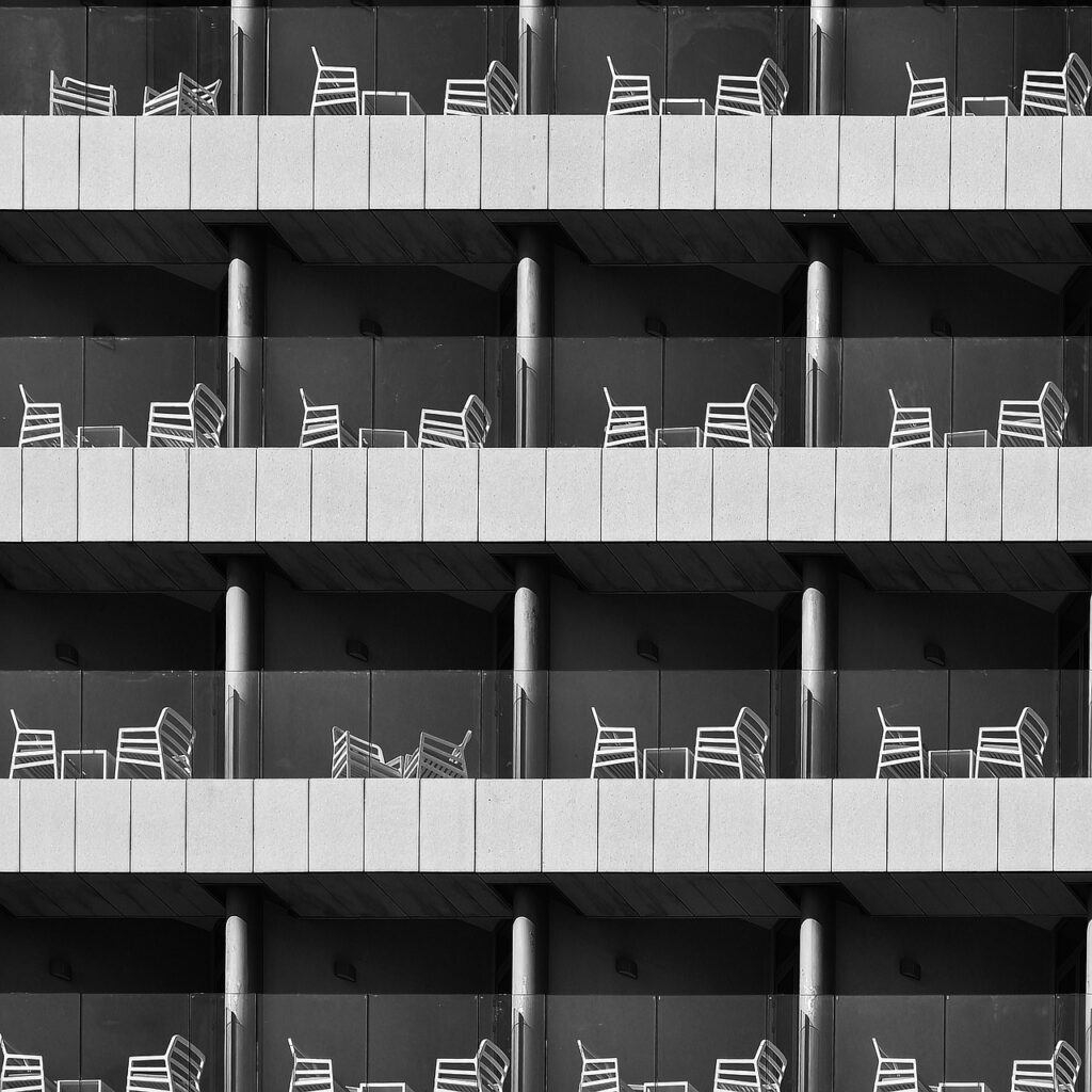 Minimalismo, terraza, salón de estar, comedor