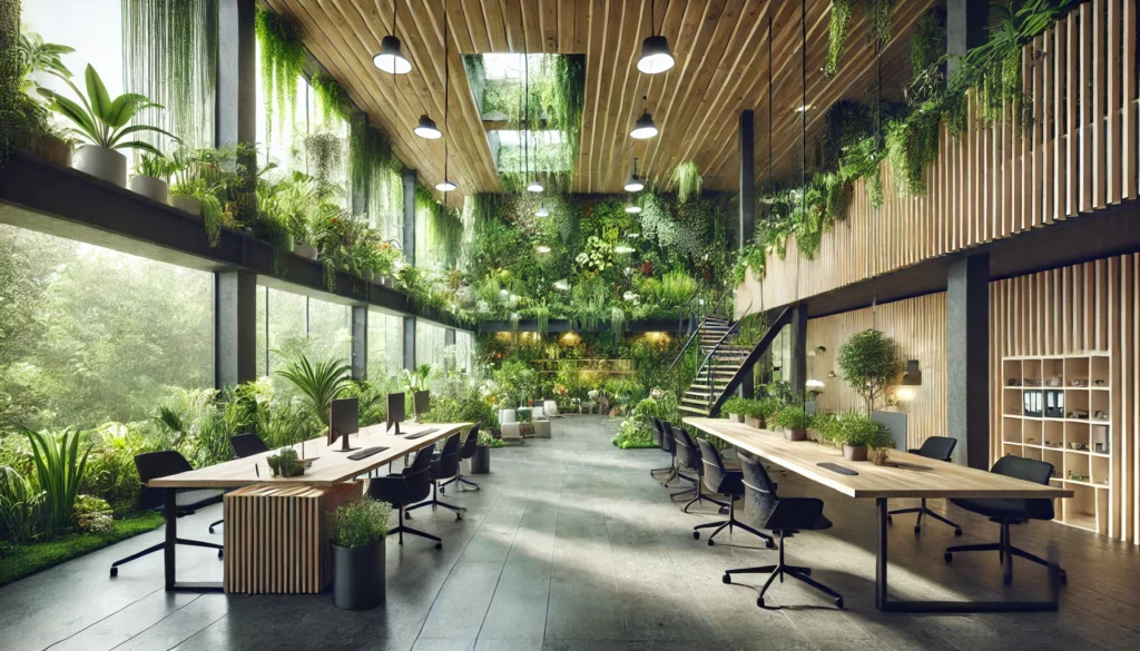 Espacio de oficina moderno con diseno biofilo